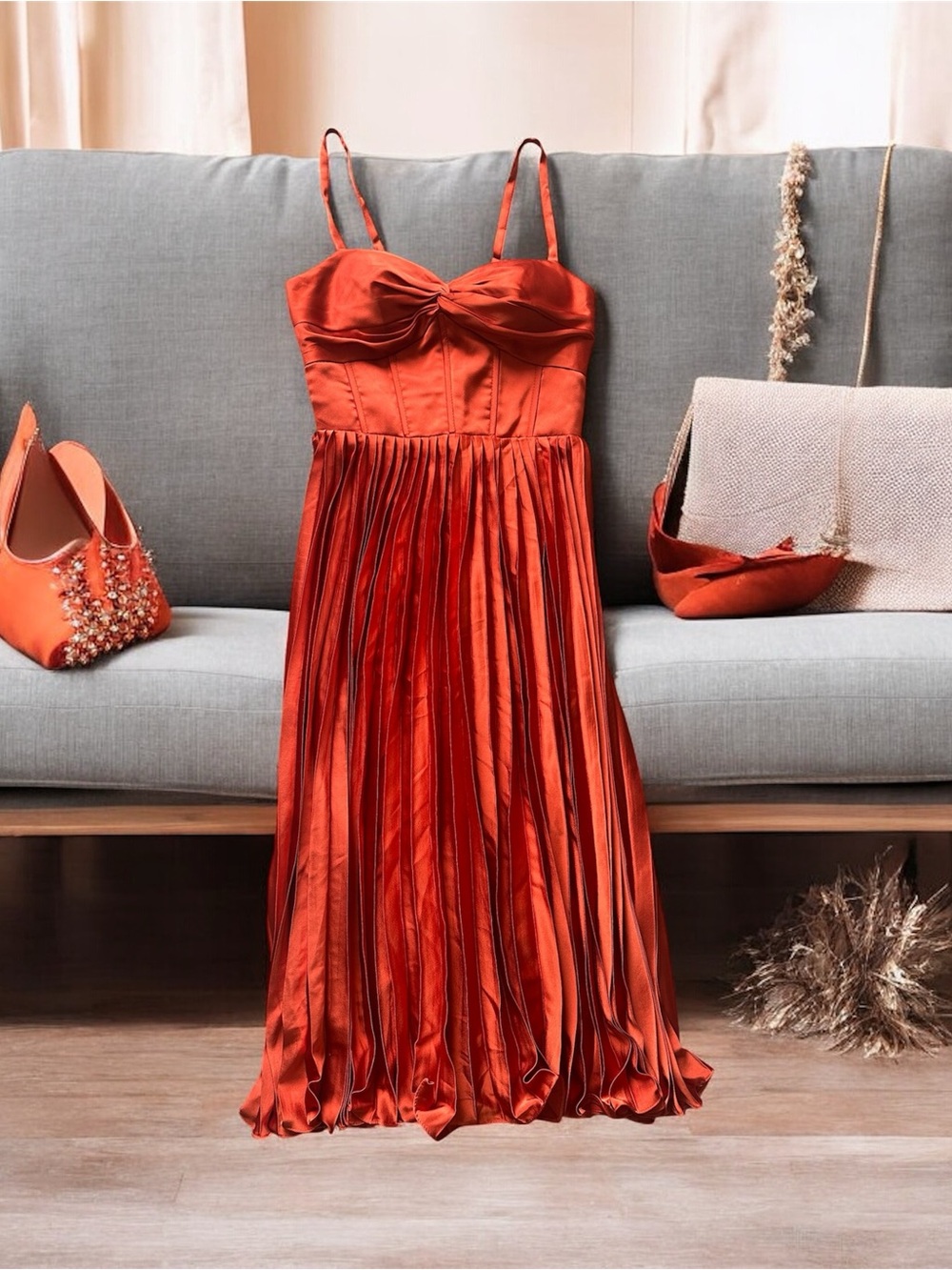 Satin Pleated Midi Dress with Ruched Bust in Burnt Orange